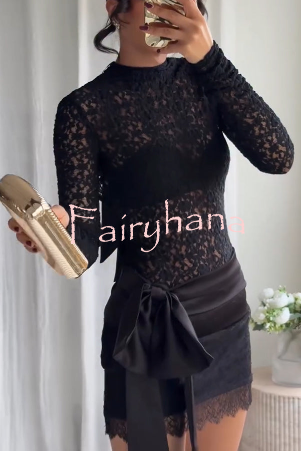 Anna Semi-sheer Lace Long Sleeve Back Bow Tie-up Cutout Stretch Bodysuit