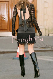 Anna Satin Bow Appliqué Mid Rise Lace Hem Mini Skirt