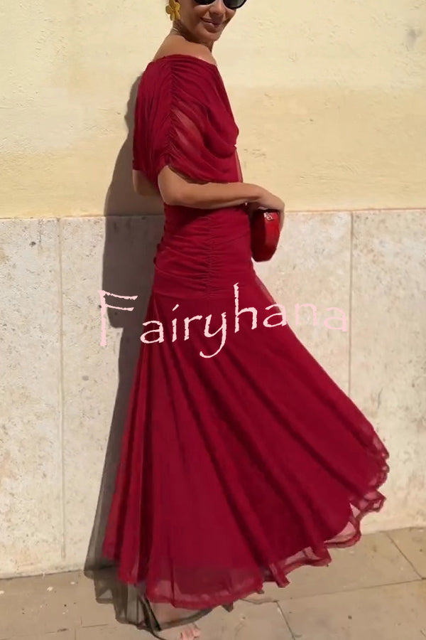 Unique Printed V-Neck Waisted Mesh Holiday Maxi Dress
