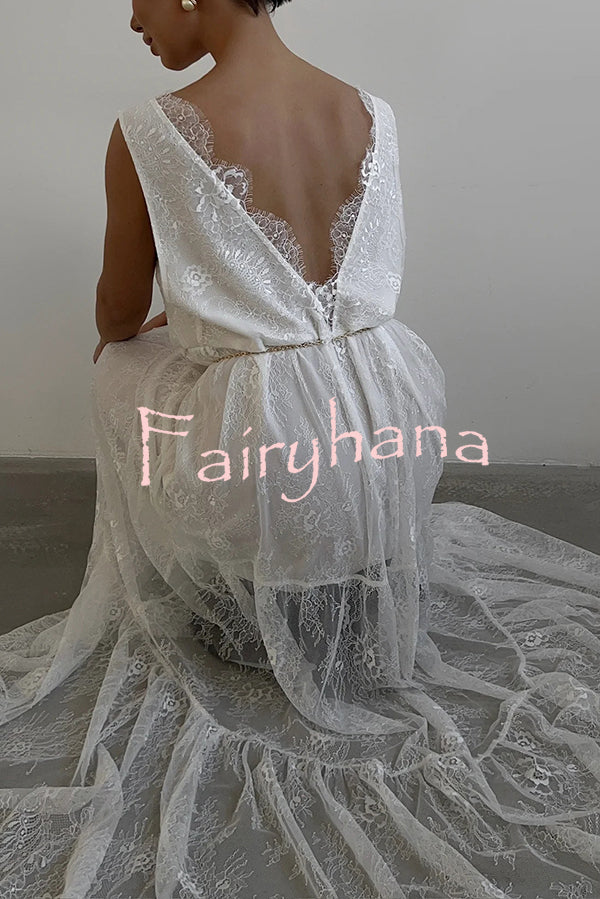 Fashionable Sheer Lace V-neck Backless Elegant Maxi Dress