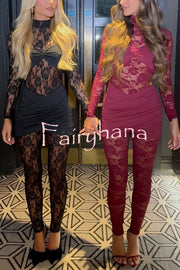 Slidell Lace Patchwork Twist Bust and Wrap Skirt Stretch Jumpsuit
