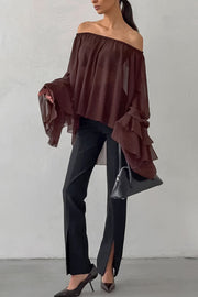 Solid Color Chiffon Off-shoulder Long-sleeved Loose Cover-up Top