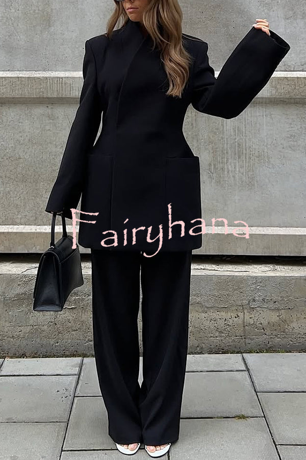 Solid Color Lapel Long Sleeve Casual Pocket Long Blazer