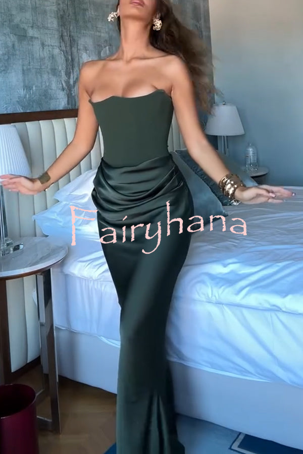 Attend The Gala Strapless Corset Satin Ruched Hip Drape Maxi Dress