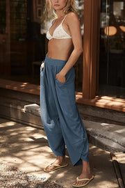 Solid Color Casual Elastic Waistband Wide-leg Pants