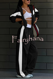 Fashionable Contrasting Long-sleeved Loose Coat and Elastic Waist Wide-leg Pants Set