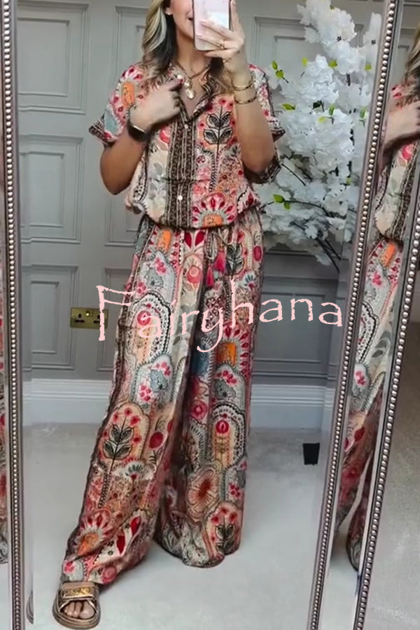 Unique Printed Loose Short-sleeved Top and Elastic Waist Casual Wide-leg Pants Set