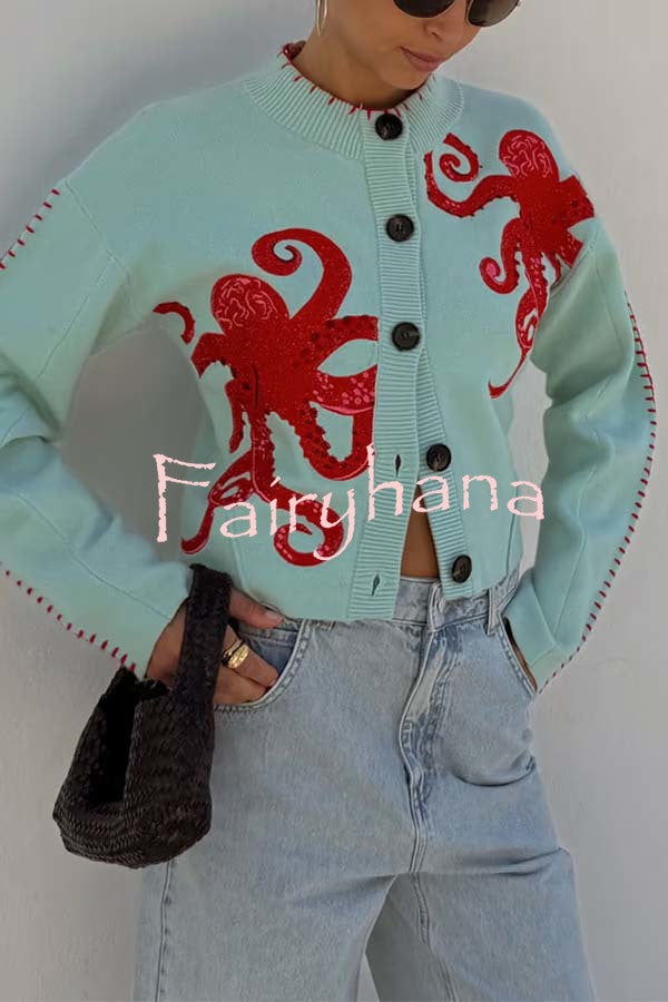 Coastal Fashion Knit Octopus Graphic Contrast Piping Button Up Loose Cardigan