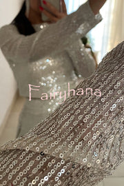 Fashionable Shiny Sequined Long-Sleeved Cropped Top and Casual Wide-Leg Pants Set