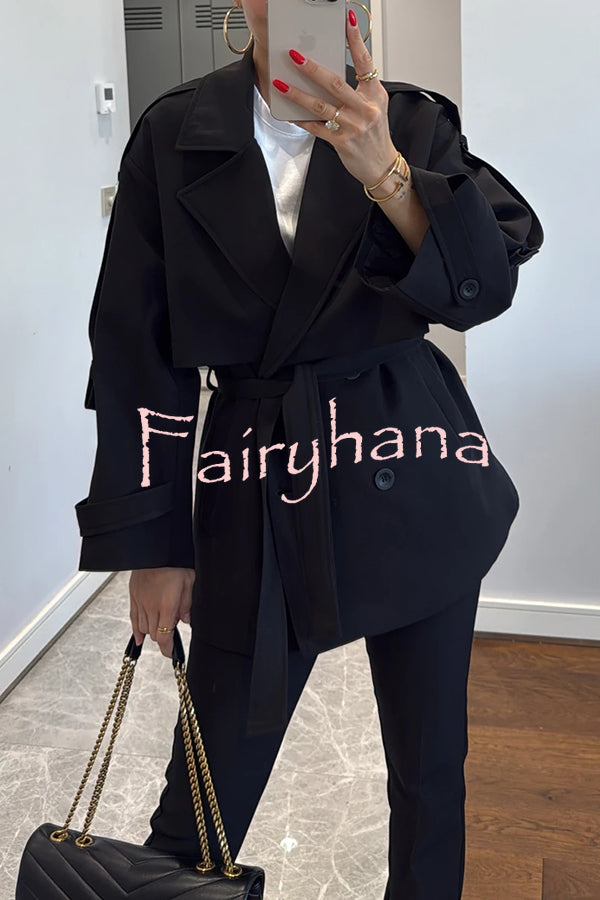 Modern Urban Dropped Shoulder Strap Button Detail Belted Lapel Loose Trench Coat