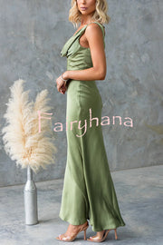 Chic Muse Satin Solid Color Cowl Neck Back Tie-up Maxi Dress