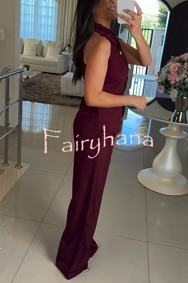 Fashion Lapel Sleeveless Button Vest and Casual Straight-leg Suit Pants Set