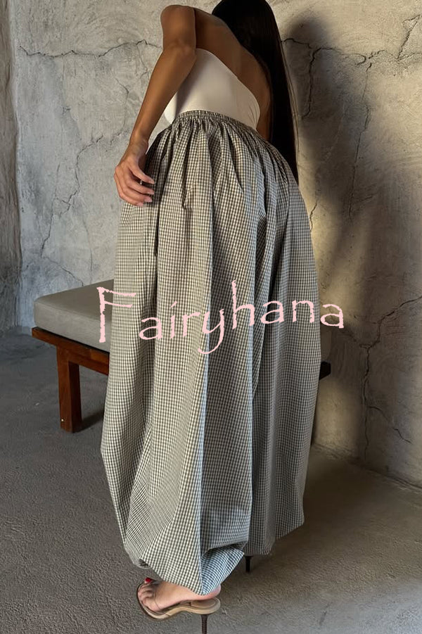 Fashion Plaid Print Elastic Waist Pocket Loose Wide-leg Pants