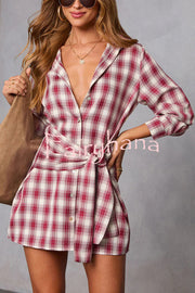 Ashroot Plaid Button Up Wrap Tie Long Sleeve Shirt Mini Dress