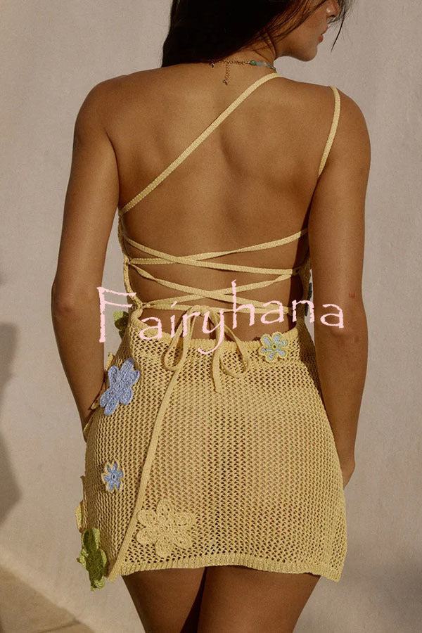 Nammos Knit Crochet Handmade Flower One Shoulder Back Tie-up Stretch Mini Dress