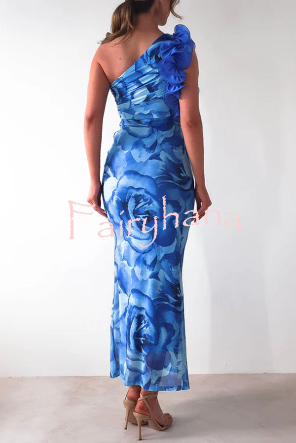 Floral Print Sleeveless 3D Flower One Shoulder Slim Maxi Dress