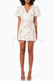 Garden Gala Embroidered Floral Applique Puff Sleeve Mini Dress