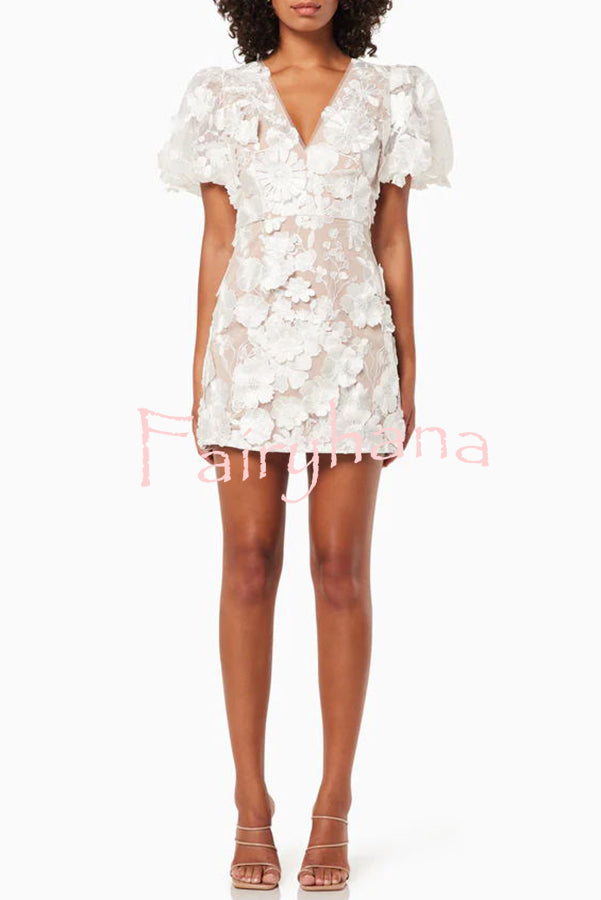 Garden Gala Embroidered Floral Applique Puff Sleeve Mini Dress