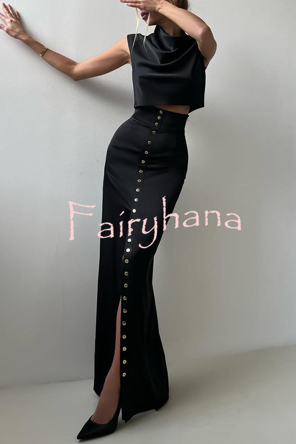 Solid Color Casual Sleeveless Crop Top and Elegant Button-down Maxi Skirt Set
