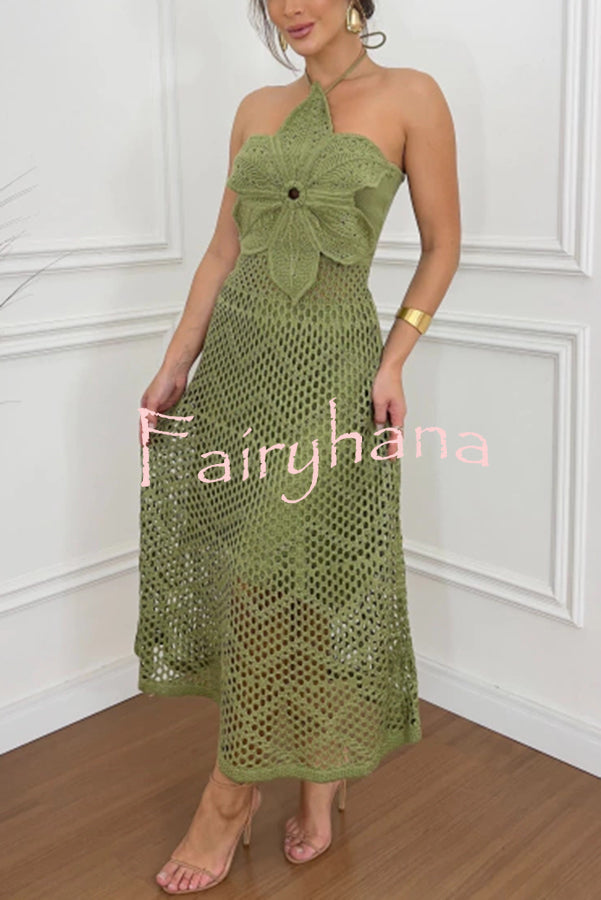 Libby Crochet Knit Oversized Flower Design Halter Texture Maxi Dress   fairyhana