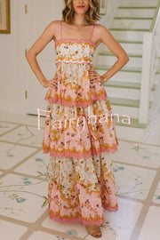 Charming Smile Floral Print Scalloped Lace-trim Back Tie-up Tiered Maxi Dress