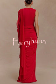 Fashionable Mesh Shawl Sleeveless Slim Fit Pleated Maxi Dress