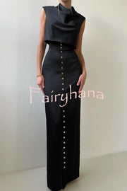 Solid Color Casual Sleeveless Crop Top and Elegant Button-down Maxi Skirt Set