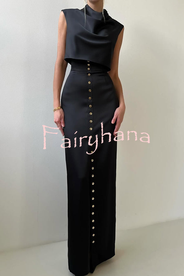 Solid Color Casual Sleeveless Crop Top and Elegant Button-down Maxi Skirt Set