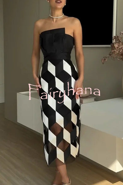 Sexy Tube Top and Backless Rhombus Contrast Midi Dress