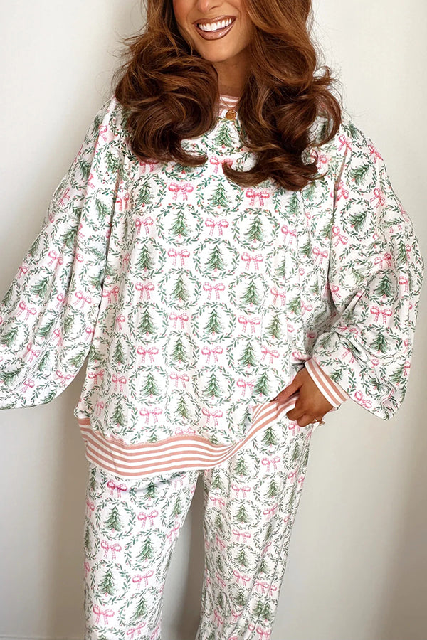 Christmas Print Loose Long-sleeved Top and Elastic Waist Casual Pants Set
