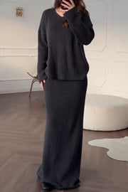 Solid Color Long-sleeved V-neck Casual Knitted Sweater and Elegant Maxi Skirt Set