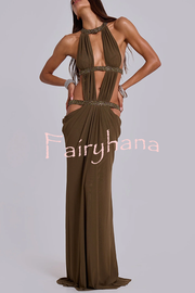 Khaki Hot-fix Rhinestone Shoulder Strap Cutout Design Backless Drape Maxi Dress