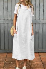 Linen Blend Fashion Adjustable Straps Casual Pocket Midi Dress