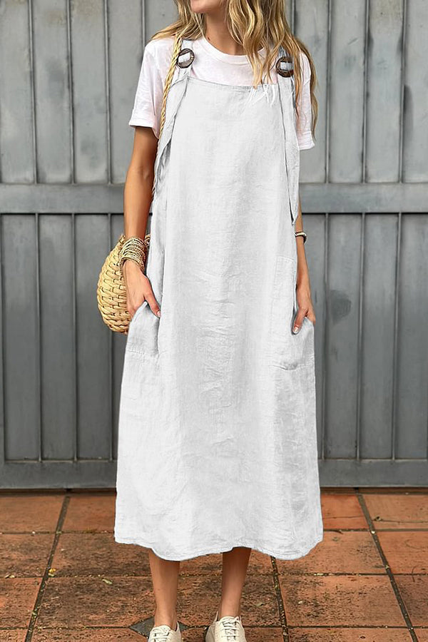 Linen Blend Fashion Adjustable Straps Casual Pocket Midi Dress