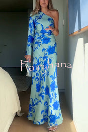 Satin Botanical Print One-Sleeve Resort Maxi Dress