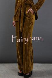 Solid Color Velvet Long-sleeved Waist Tie Top and Elastic Waist Casual Pocket Straight-leg Pants Set