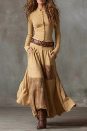 Retro-style Patchwork Single-breasted Long-sleeved Casual Pocket Maxi Dress