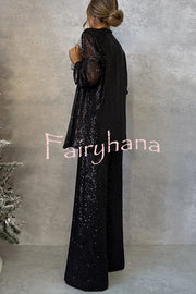 Party Scene Sequin High Rise Elastic Waist Wide Leg  Pants