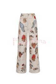 Angel Wings Denim Unique Print Mid Rise Pocket Loose Pants