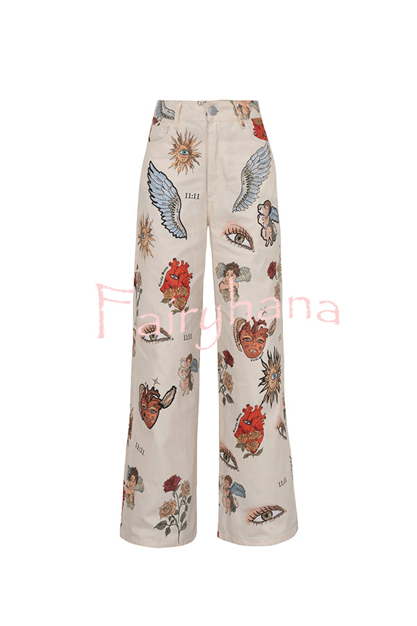 Angel Wings Denim Unique Print Mid Rise Pocket Loose Pants