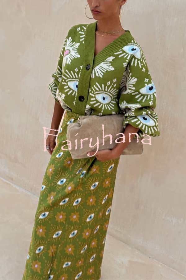 Mysterious Magic Satin Eye Heart Pattern Elastic Waist Drape Maxi Skirt