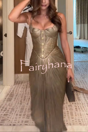 Vegas Queen Metallic Pleated Sculpted Bodice Back Lace-up Drape Maxi Dress