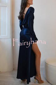 Satin Elegant Long-sleeved Open-back Slim-fit Slit Maxi Dress