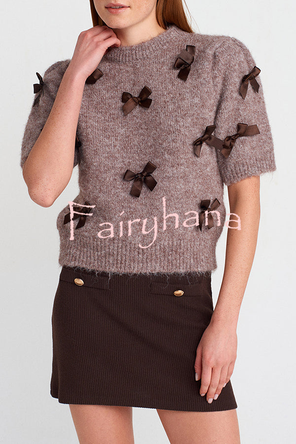 Jensin Knit Satin Bow Detail Short Sleeve Crop Sweater