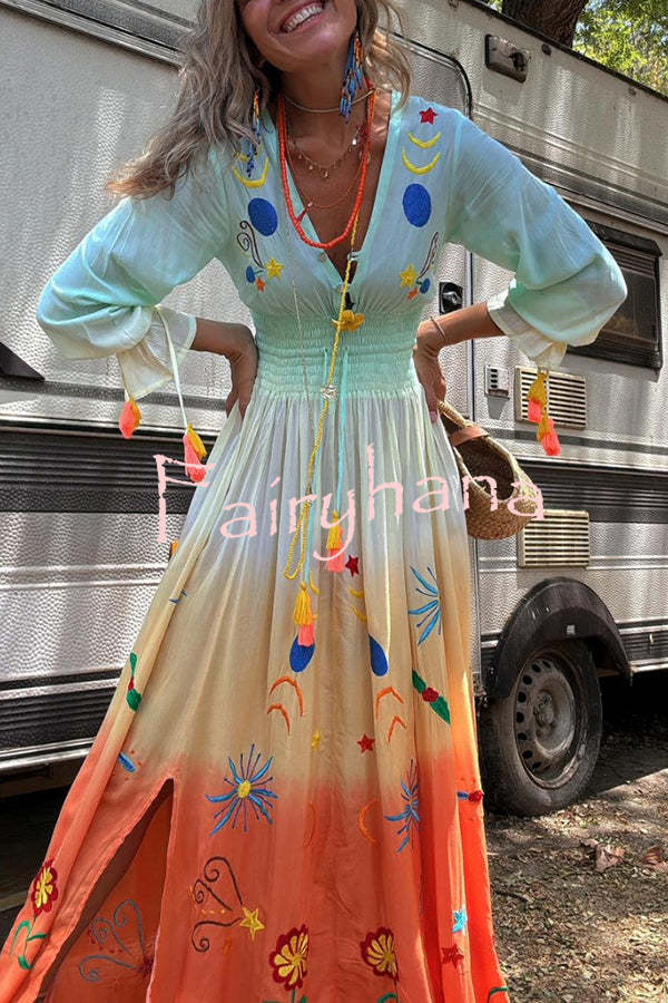 Gigi Unique Pattern Gradient Print Smocked Elastic Waist Fringed Maxi Dress