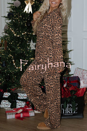 Paige Ribbed Leopard Print Loose Shirt and Elastic Waist Pocketed Pajama Set