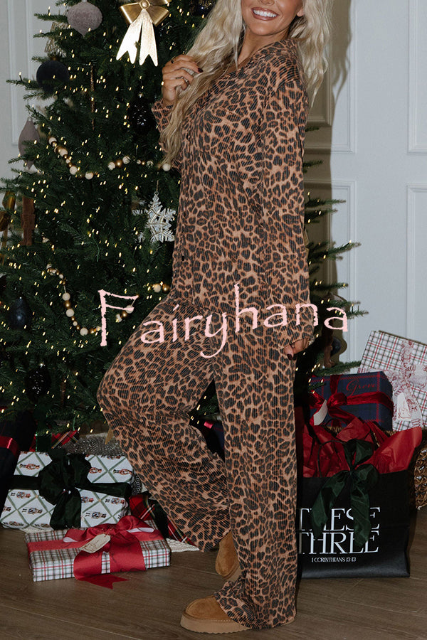 Paige Ribbed Leopard Print Loose Shirt and Elastic Waist Pocketed Pajama Set