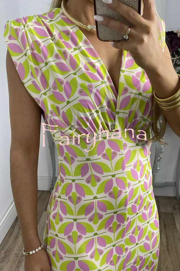 Forever Here Printed Padded Shoulder Front Center Slit Midi Dress