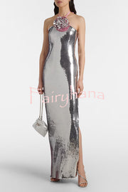 Moonlit Blooms Sequin Floral-appliqué Halter Neck Slit Gown Maxi Dress