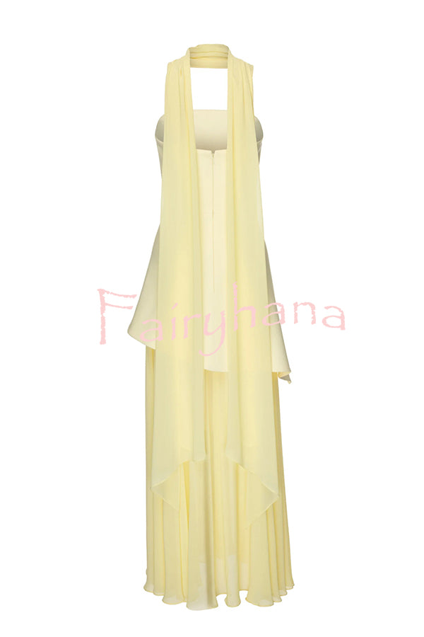 Monaco Off Shoulder Structured Top Chiffon Slit Hem Scarf Maxi Dress